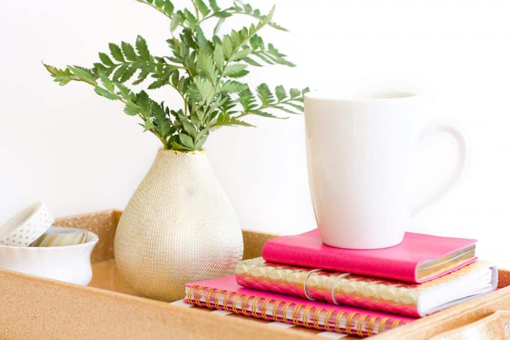 Pink books with white coffee cup on top, plant on tray
