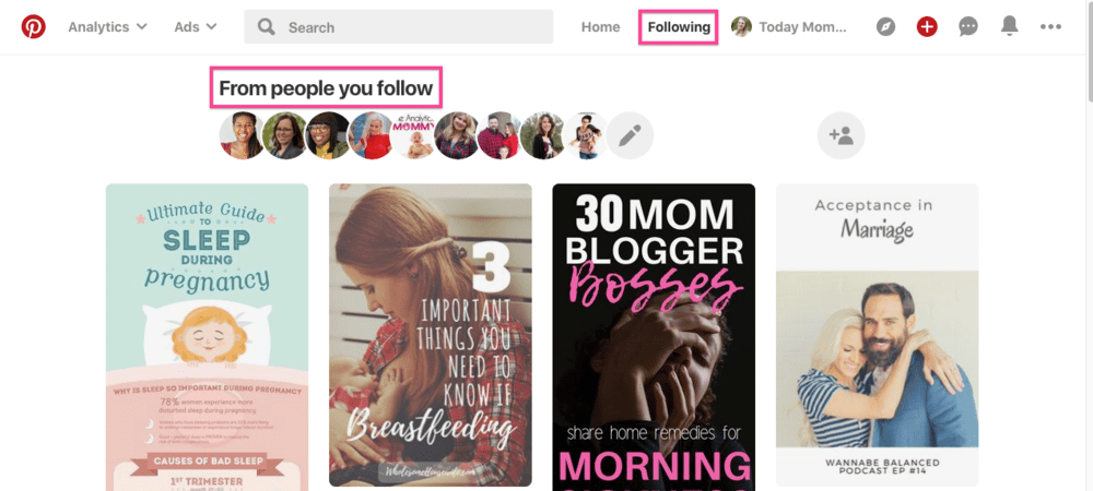 Graphic with pin images of little girl sleeping, woman breatfeeding, woman with hands over face and a couple hugging and text from people you follow