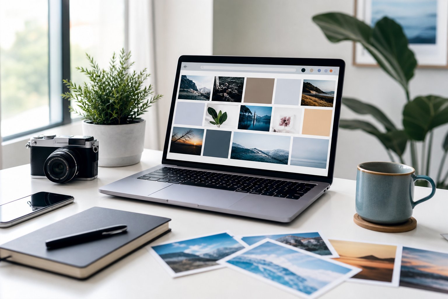 A laptop displaying image thumbnails sits on a bright desk beside a camera, photographs, a notebook, and a coffee cup.