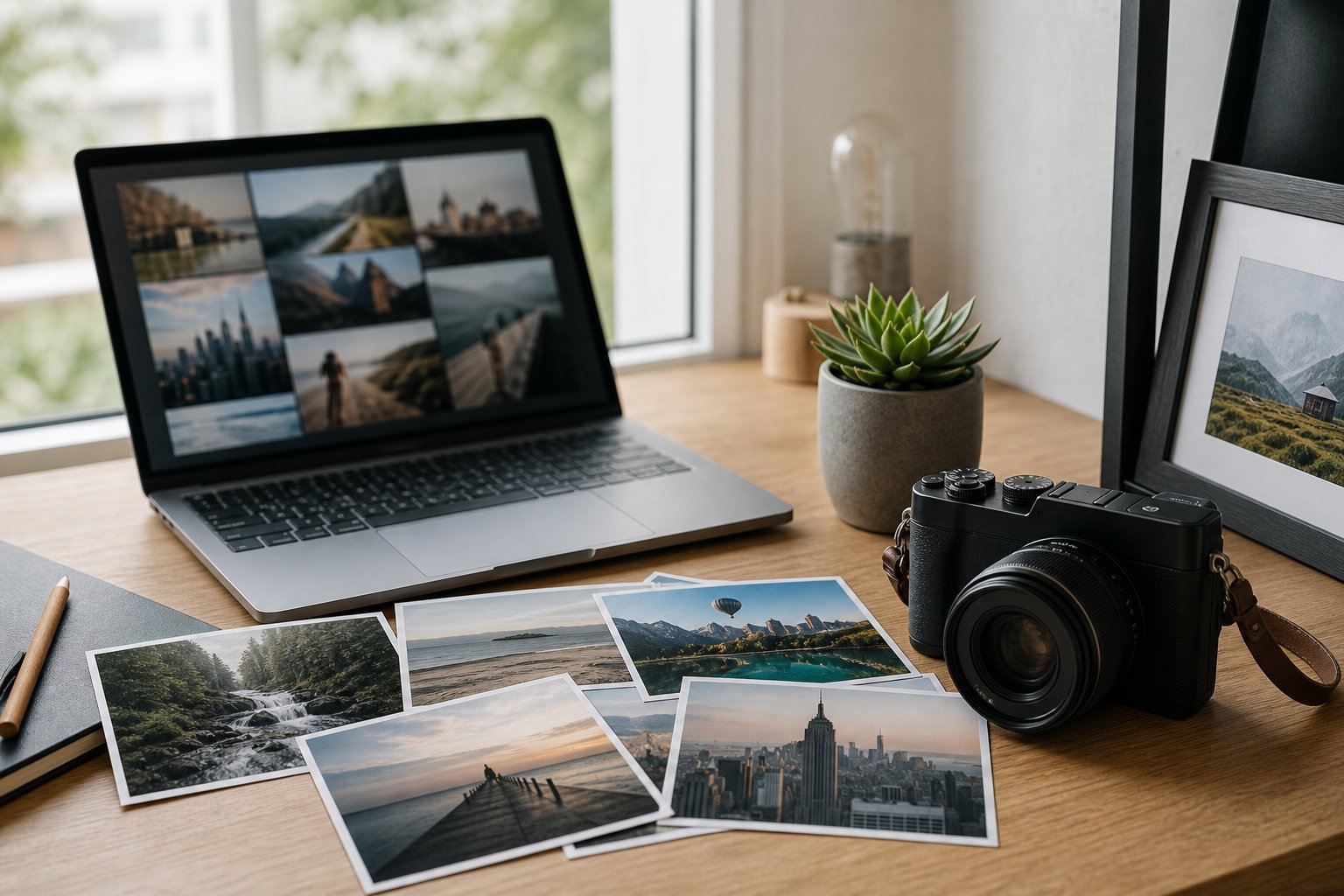 A camera, printed photographs, and a laptop arranged on a bright modern desk beside a window.