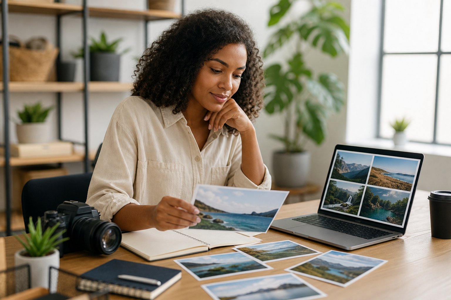 A content creator reviews photographs on a laptop at a bright, organized desk.
