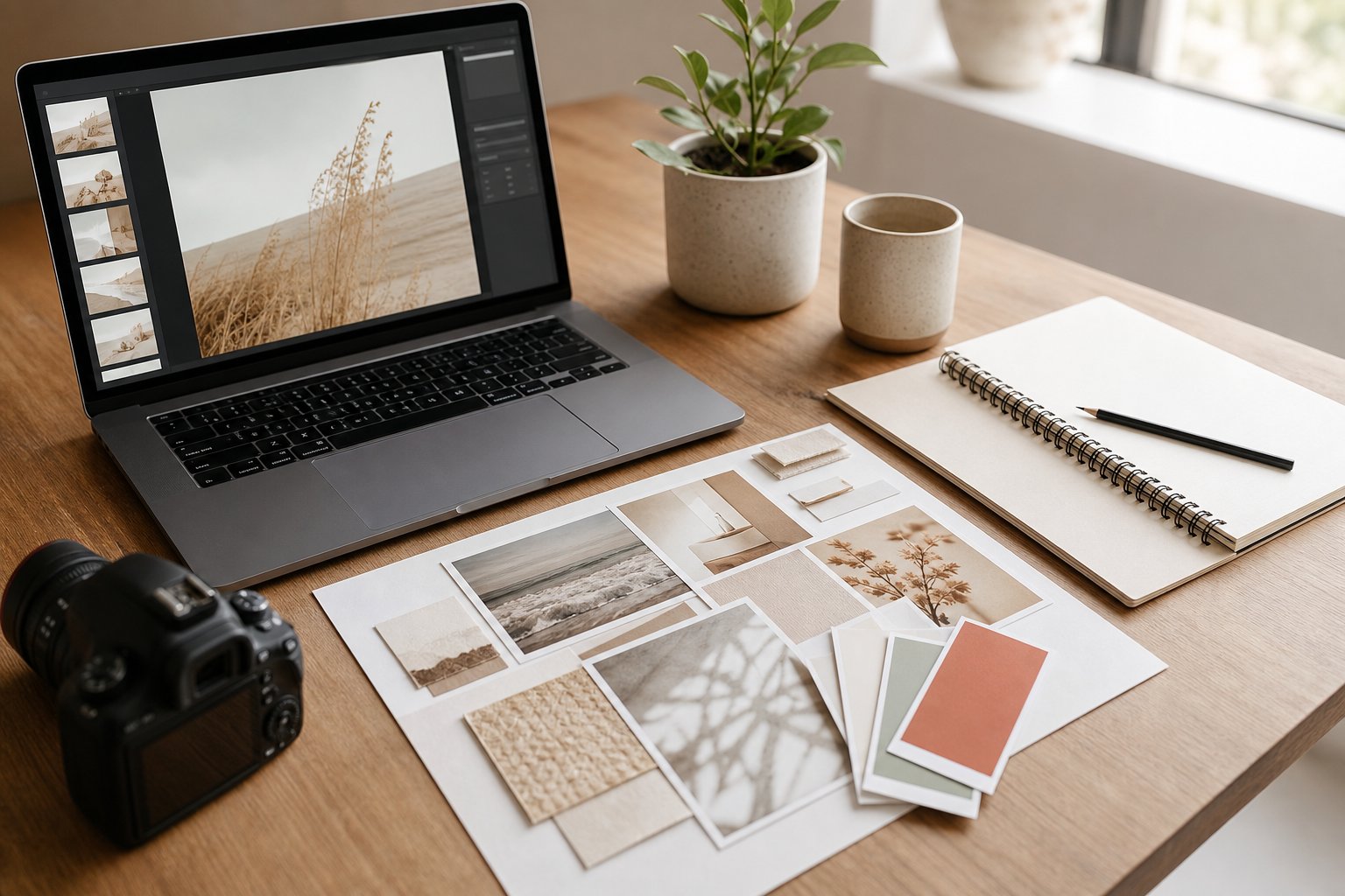 A curated creative workspace with a laptop, coordinated photographs, color swatches, a camera, and a blank notebook.