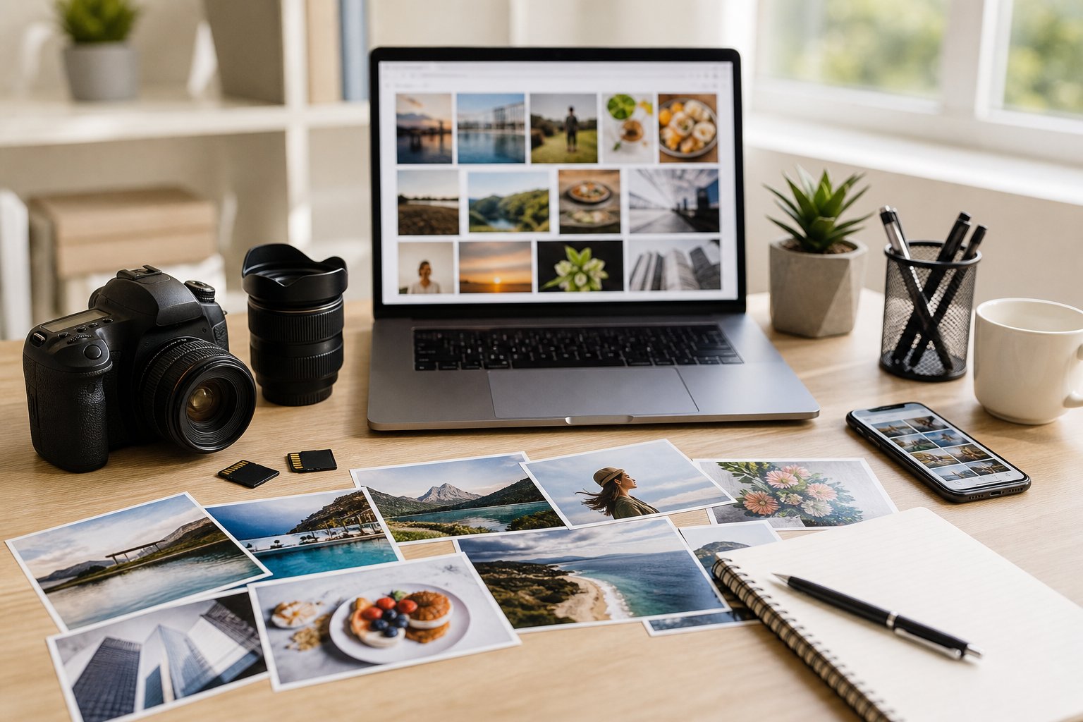 A bright home office desk with a laptop, camera equipment, blank notebook, smartphone, and assorted photographs.