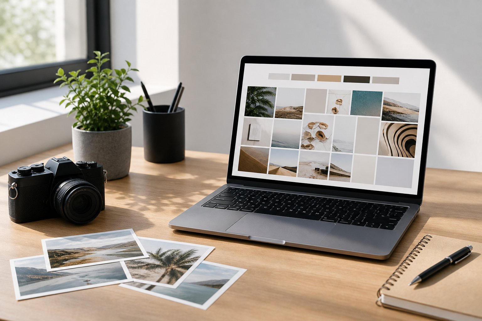 A bright home office with a laptop, camera, photographs, notebook, and plant on a desk.