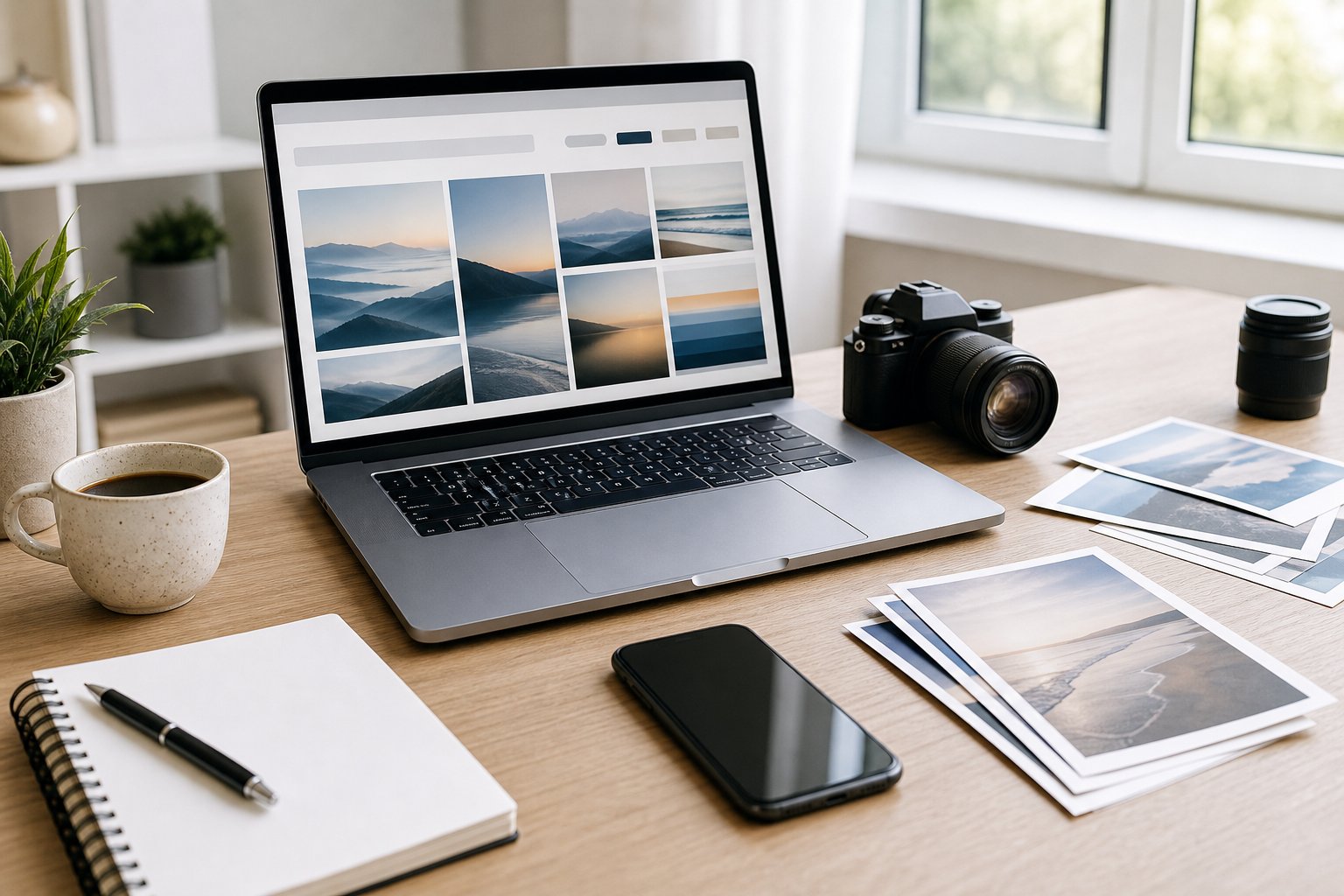 A bright creative workspace with a laptop, camera, printed photographs, notebook, plant, and coffee cup.