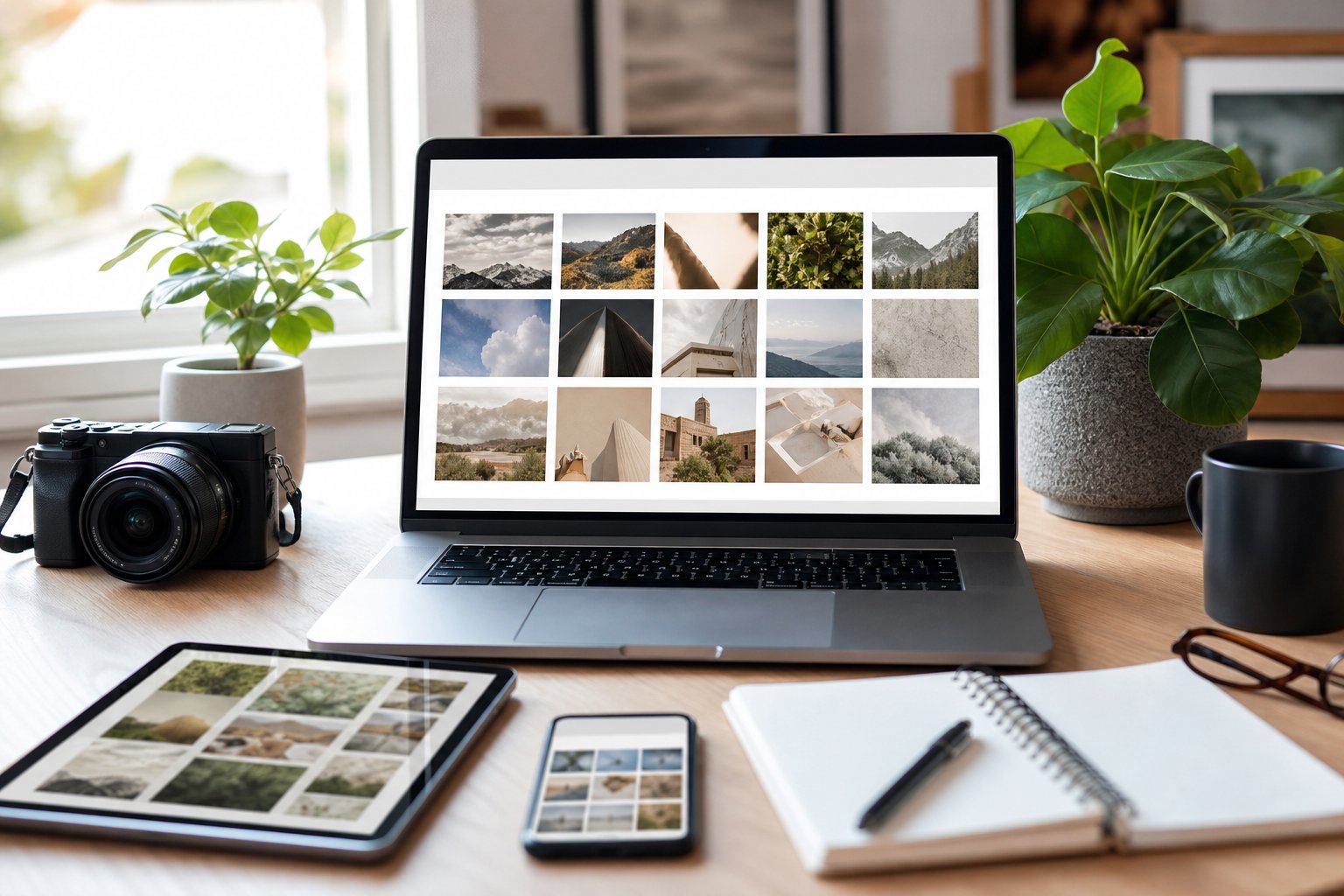 A laptop, camera, tablet, notebook, and smartphone arranged on a bright modern desk.
