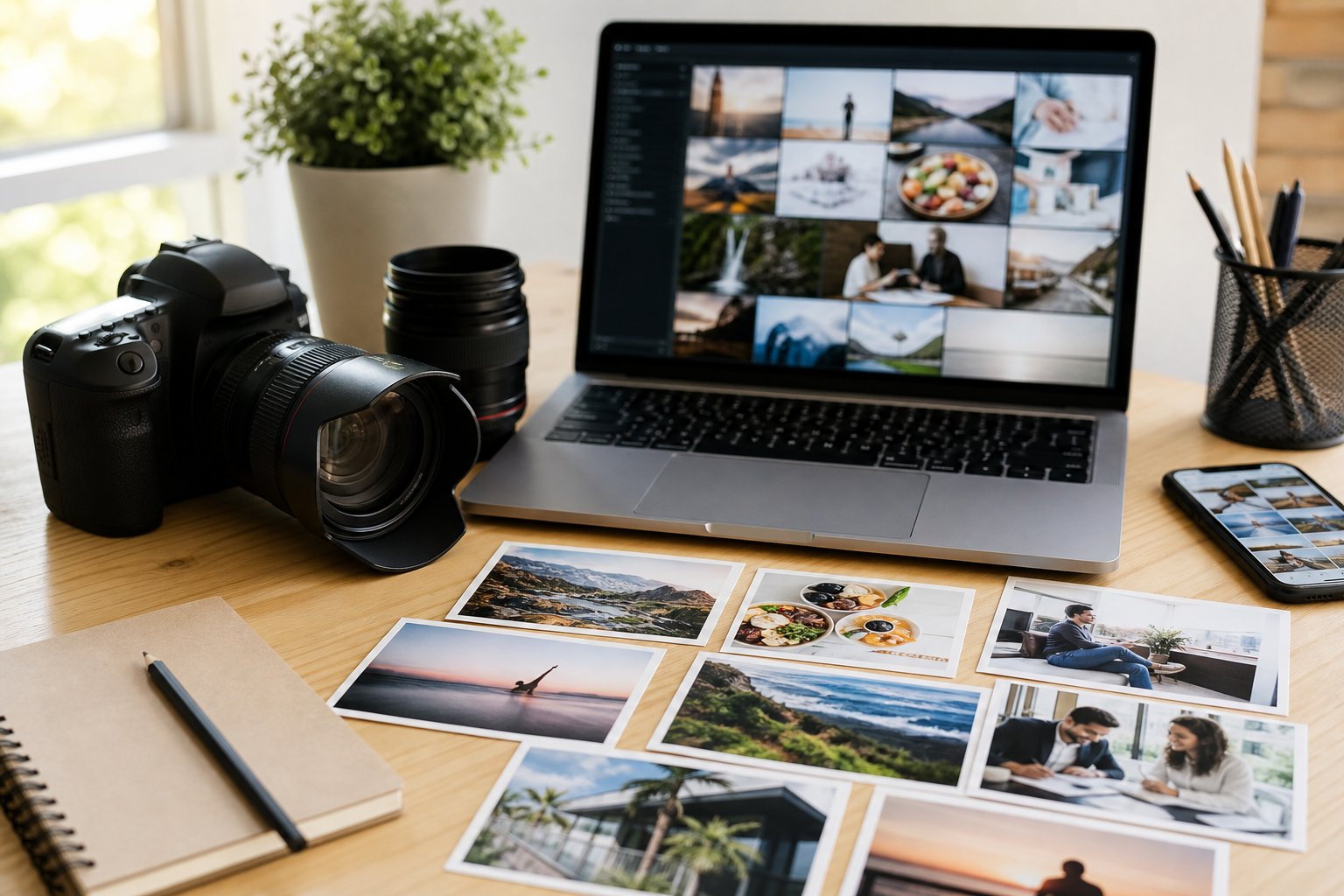 A camera, photographs, laptop, and smartphone arranged on a bright creative workspace.