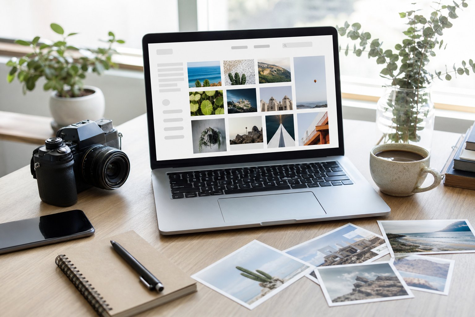 A bright creative workspace with a laptop showing photo thumbnails, a camera, printed photographs, and blogging accessories on a desk.