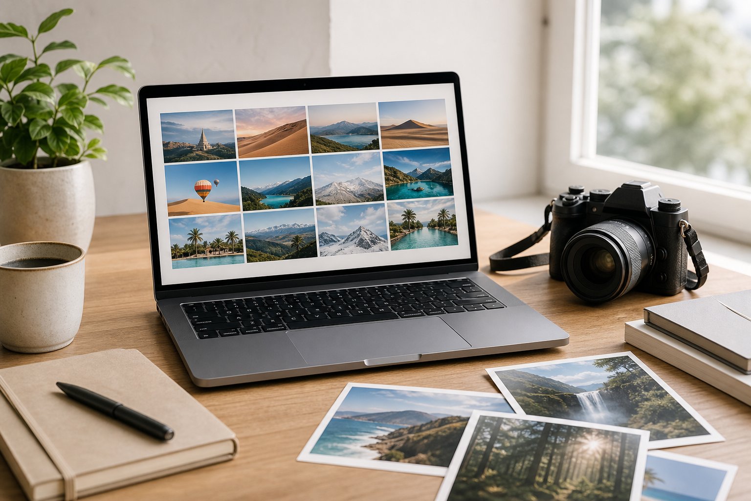 A laptop displays a grid of photographs on a bright creative workspace with a camera and photo prints nearby.