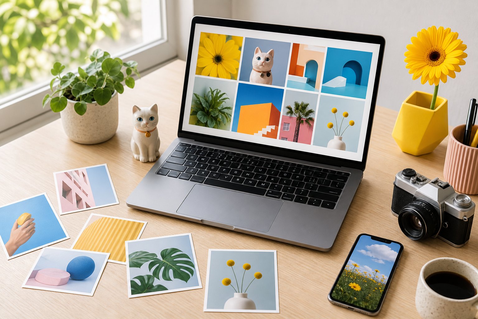 A bright workspace with a laptop, smartphone, printed photos, flowers, foliage, and colorful objects on a desk.