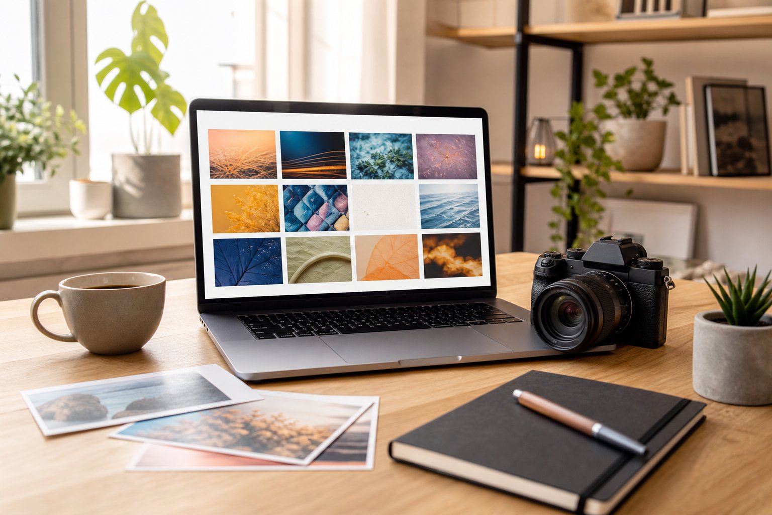 A bright home office desk with a laptop showing photo thumbnails, a camera, printed photographs, and a potted plant.