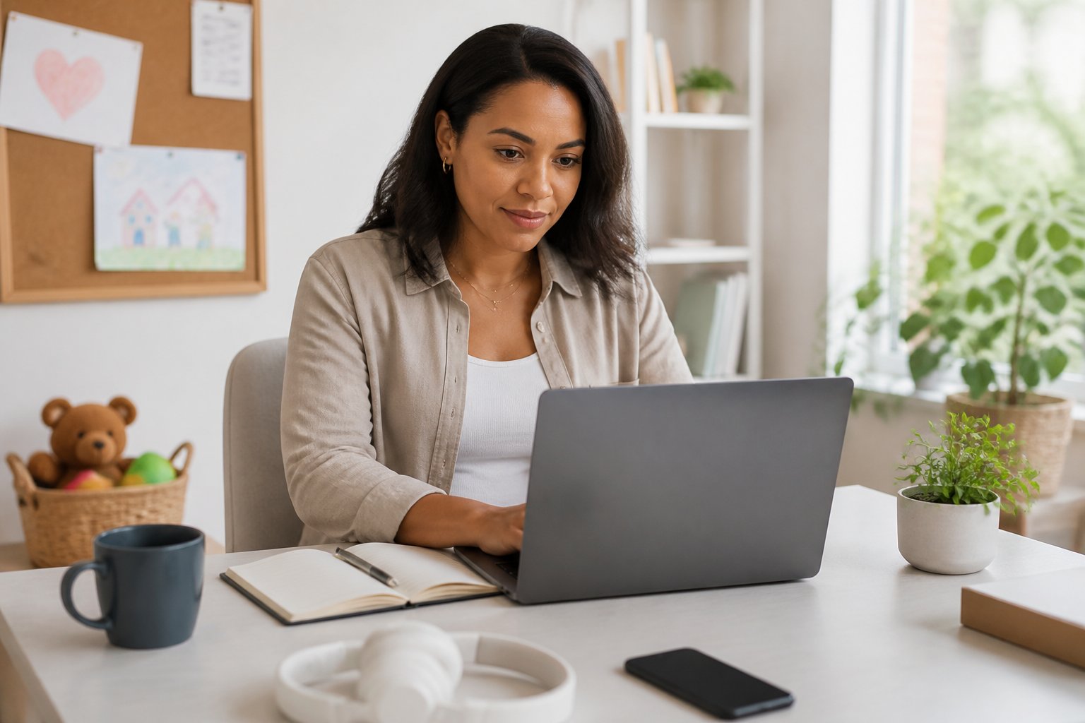 A mother works on a laptop at a bright home office desk while family items are nearby.