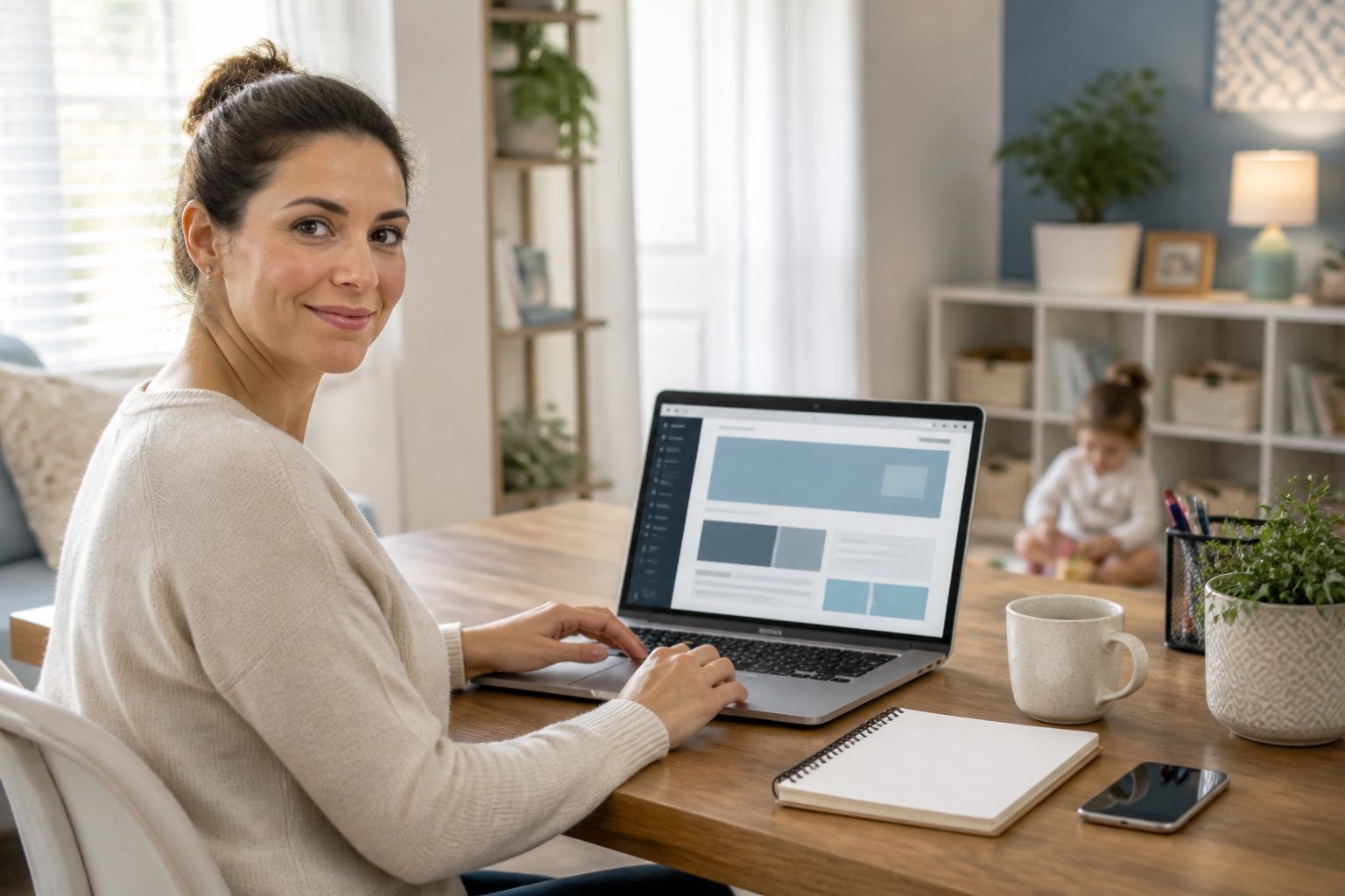 A mother designs a website on a laptop in a home office while her child plays nearby.