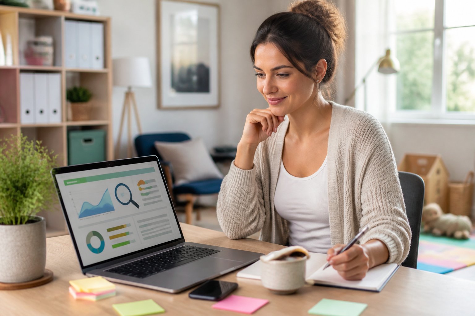 A mother works on SEO research at a laptop in a bright home office.