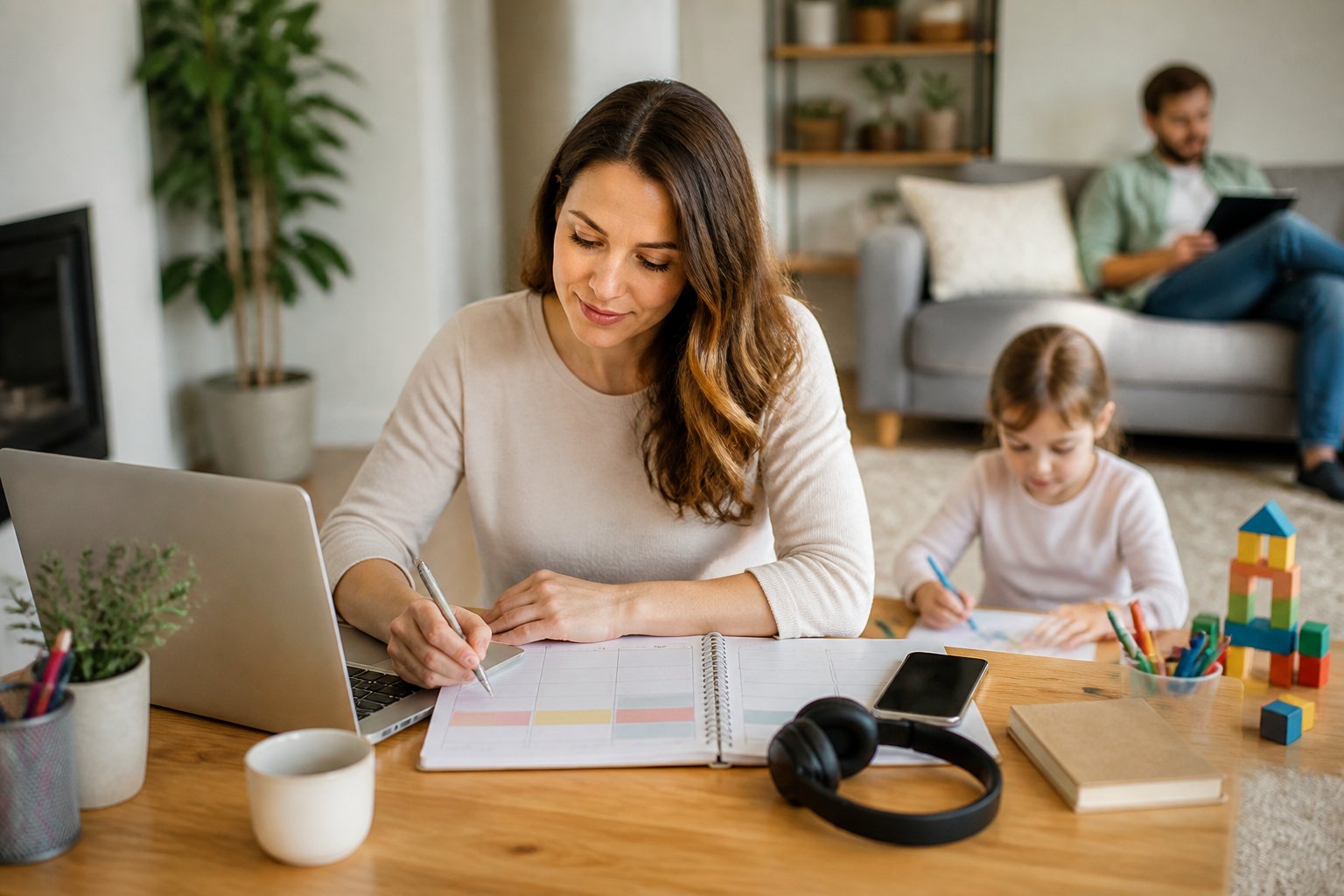 A mother plans her freelance workday at a home office while her children play nearby.