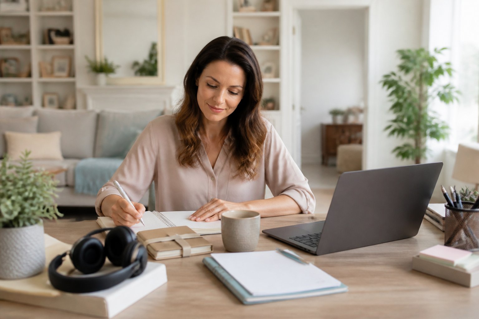 A mother prepares her home workspace and reviews notes before working with freelance clients.