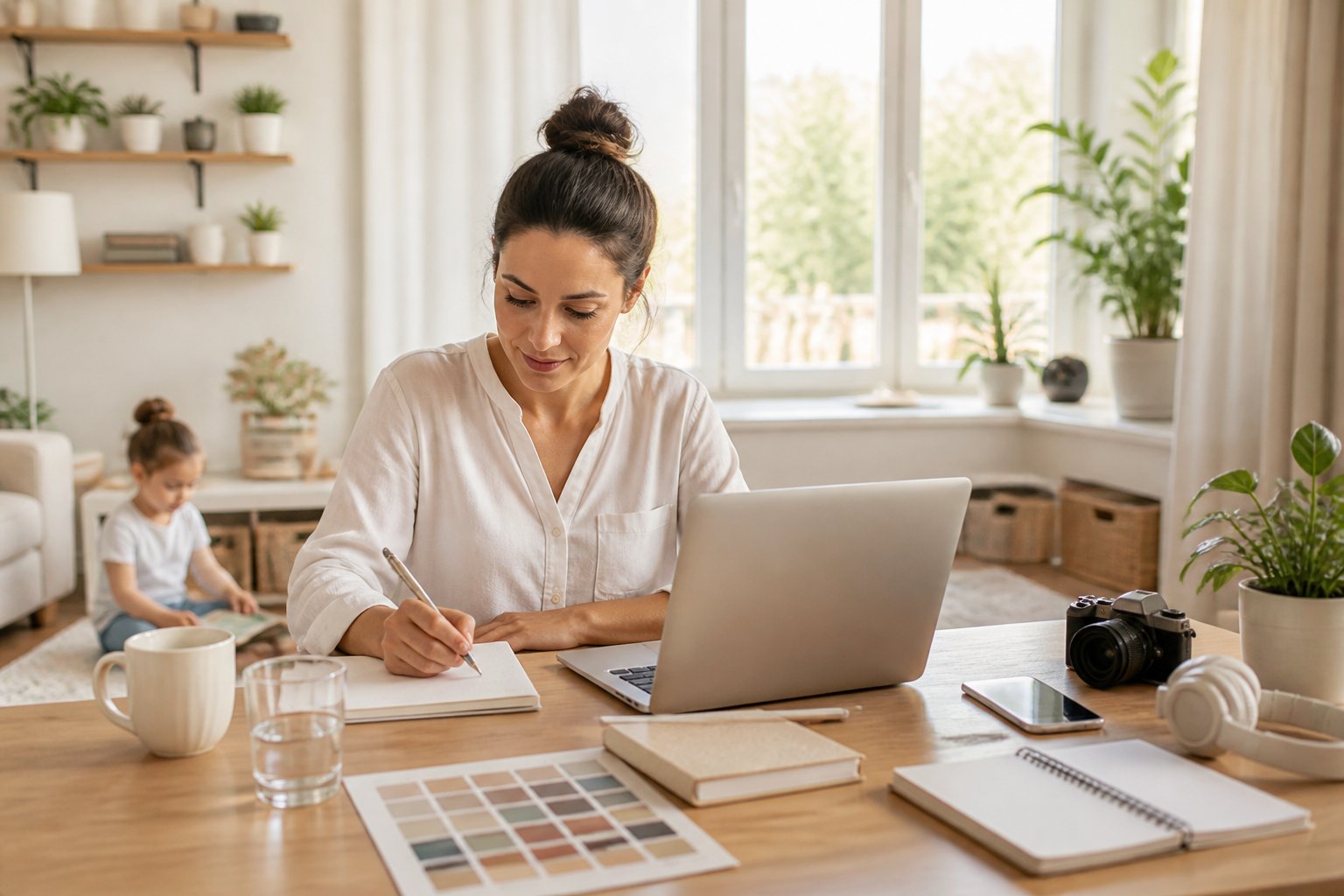 A mother works calmly at a home office while her child plays nearby.