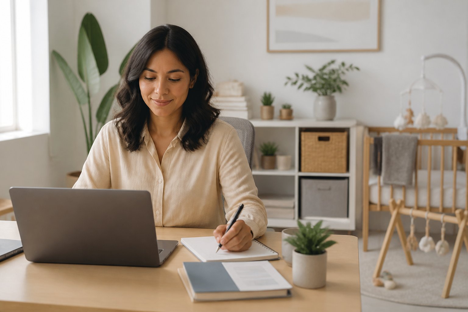A mother works on a laptop at a home office desk while balancing freelance work and family life.