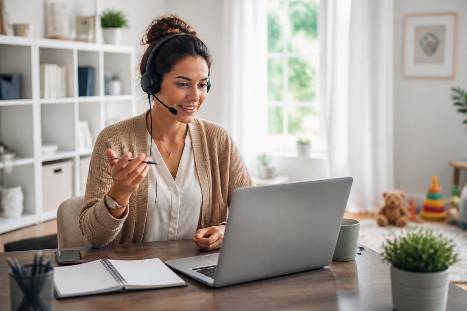 A mother works as a virtual assistant at a laptop in a tidy home office while children's toys are visible in the background.