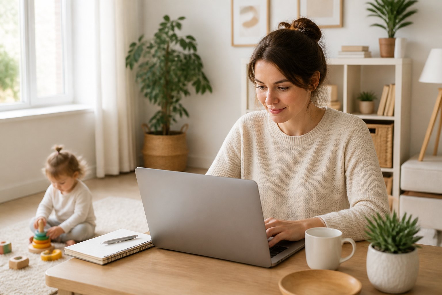 A mother writes on a laptop at home while her child plays nearby.