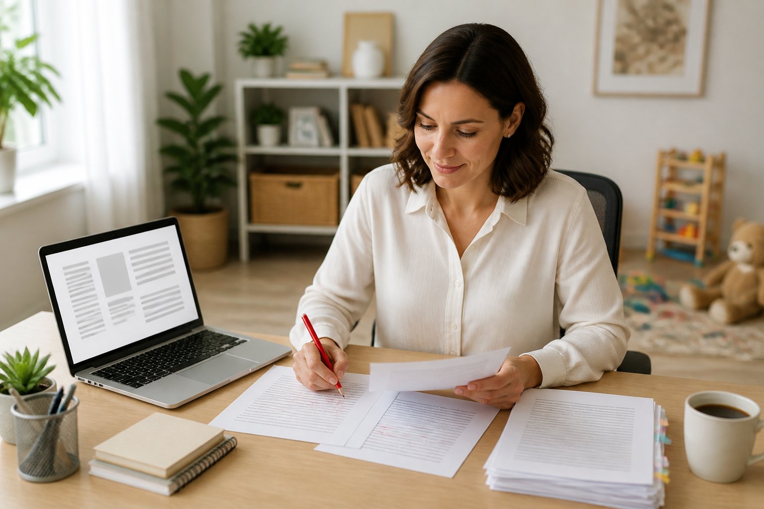 A mother proofreading documents at a laptop in a bright home office.