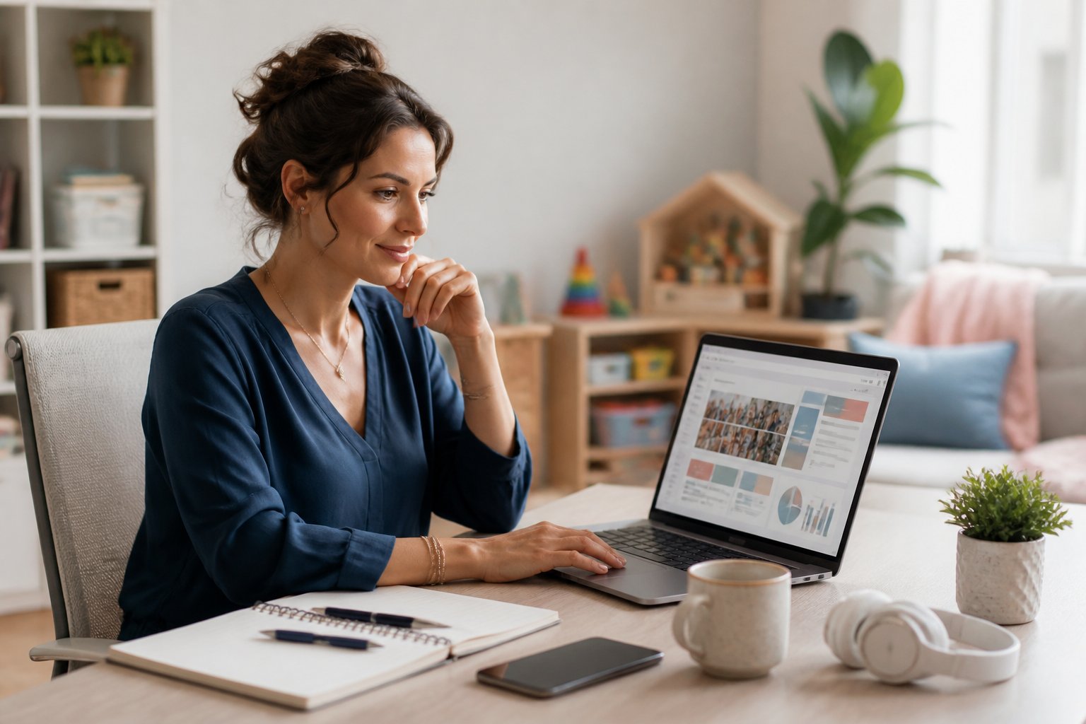 A mother works on social media tasks at a laptop in a bright home office.