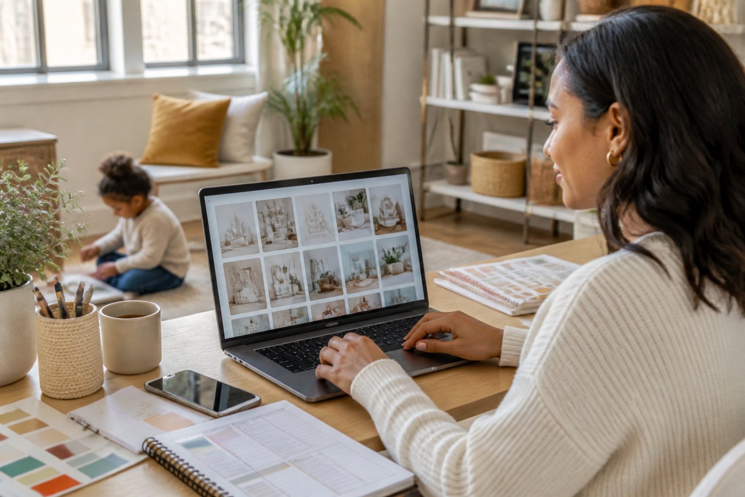 A mother works on a laptop in a home office while her child plays quietly nearby.
