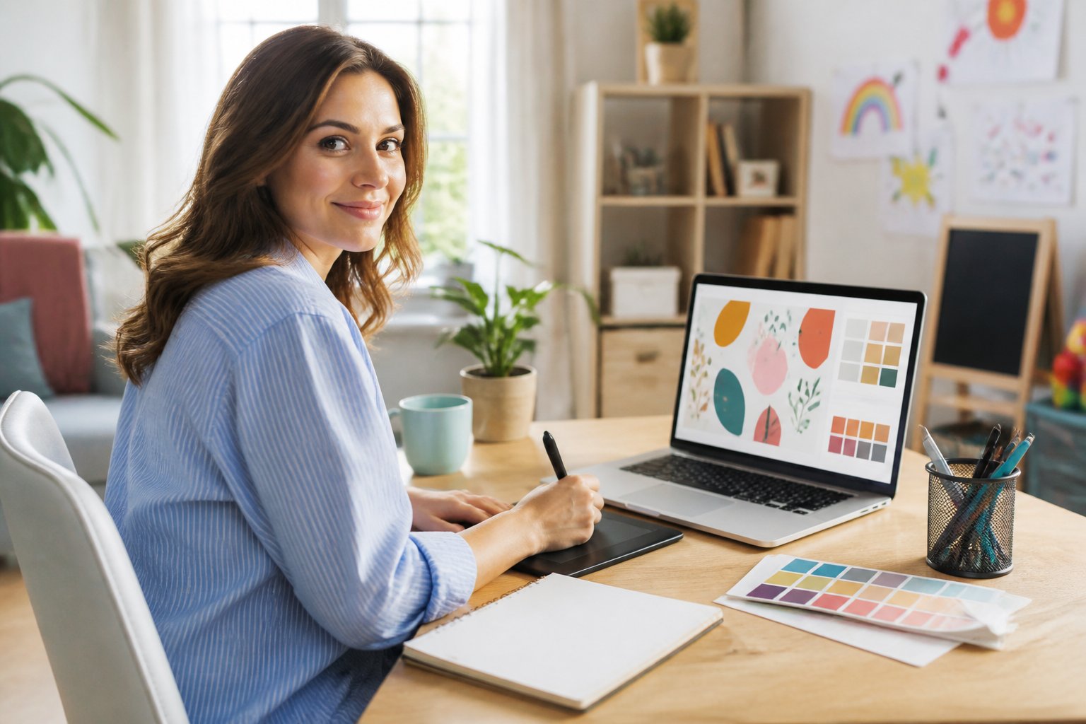 A mother works on graphic design projects at a laptop in a bright home office.