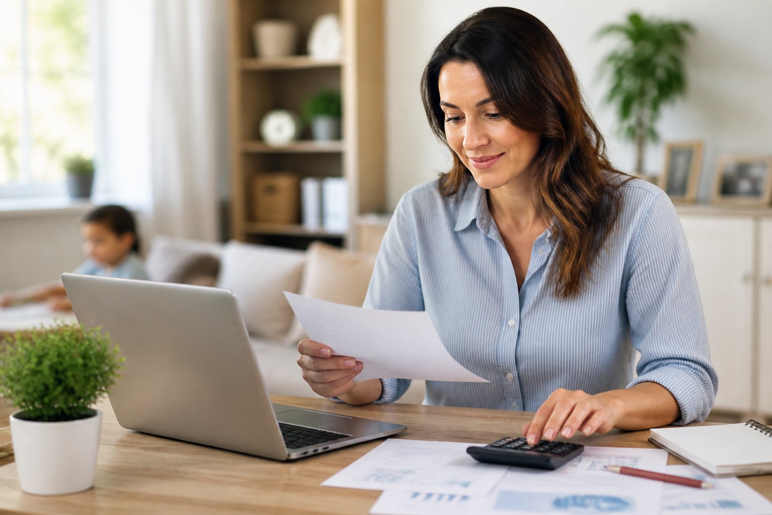 A mother works on online bookkeeping from a home office while reviewing financial documents beside her laptop.