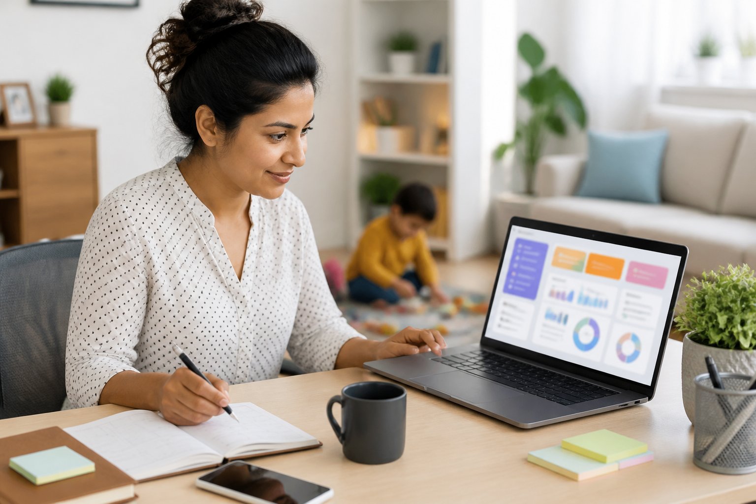 A mother working on an email marketing campaign at a home office desk.