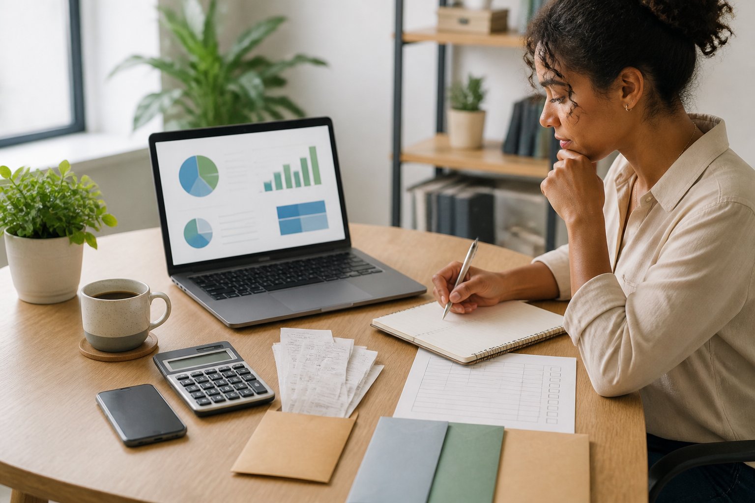 A freelancer reviews finances at a home-office desk with a laptop, calculator, notebook, receipts, and organized folders.