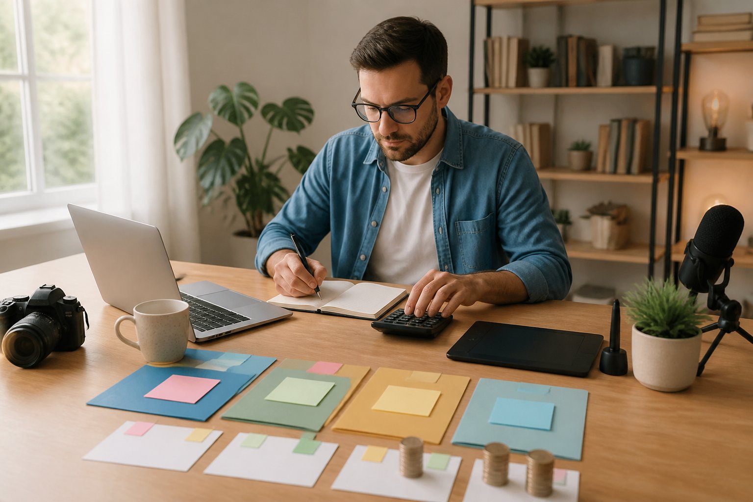 A freelancer organizes personal finances at a home-office desk with a laptop, calculator, notebook, and neatly arranged budgeting materials.
