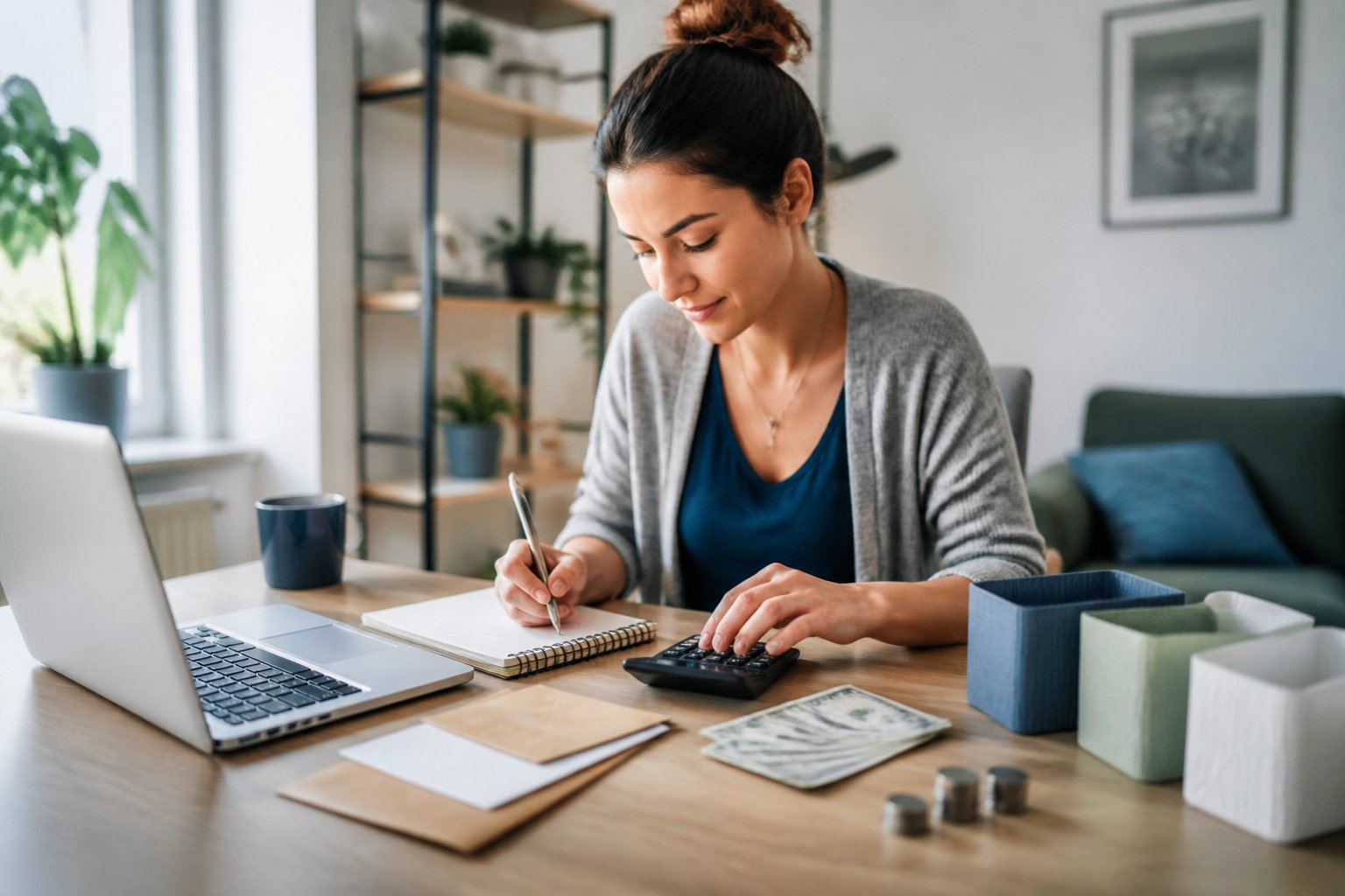 A freelancer organizes finances at a home-office desk with a laptop, calculator, notebook, bills, envelopes, and coins.