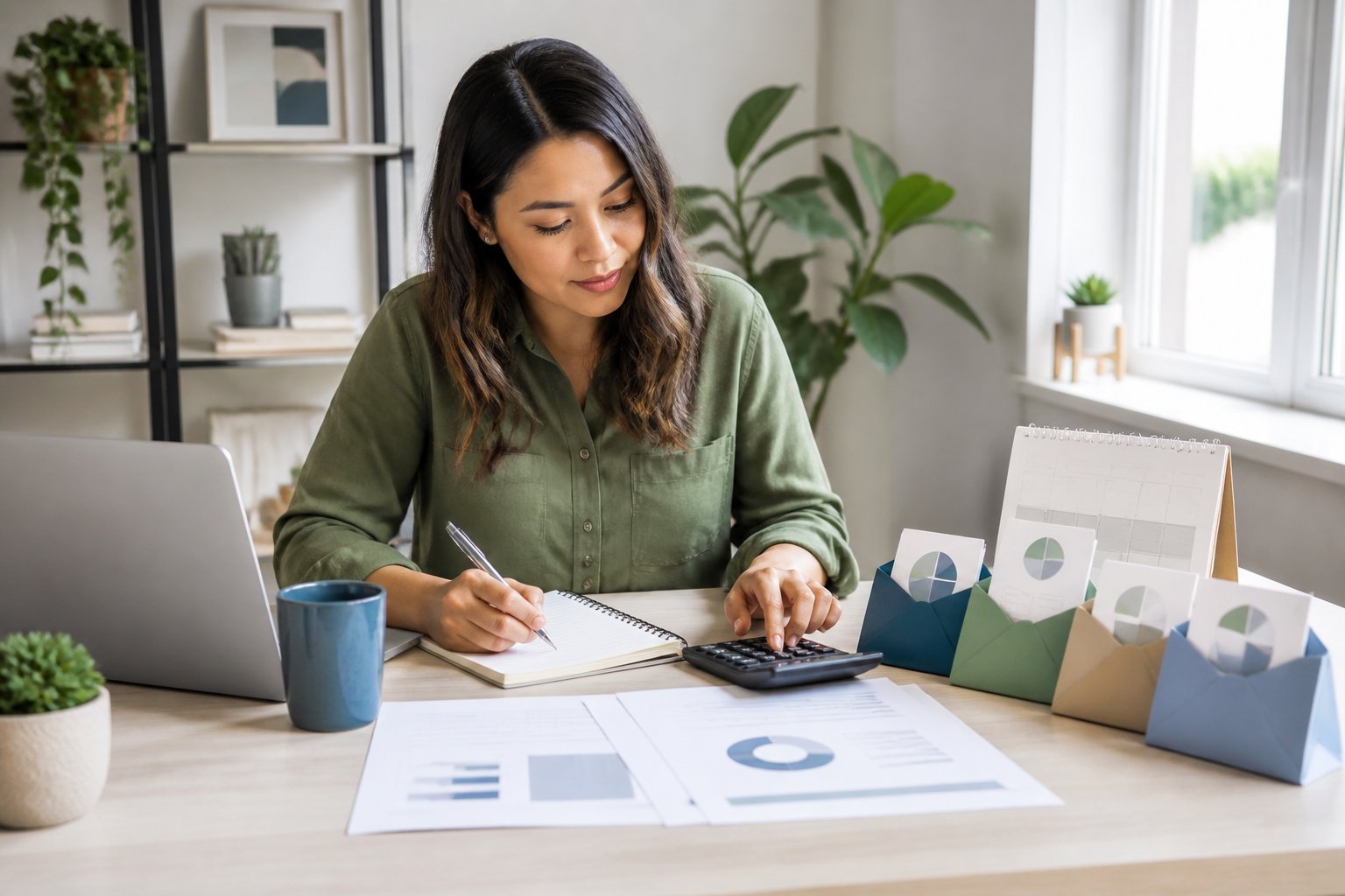 A freelancer reviews finances at a home-office desk with a laptop, calculator, notebook, and organized budgeting materials.