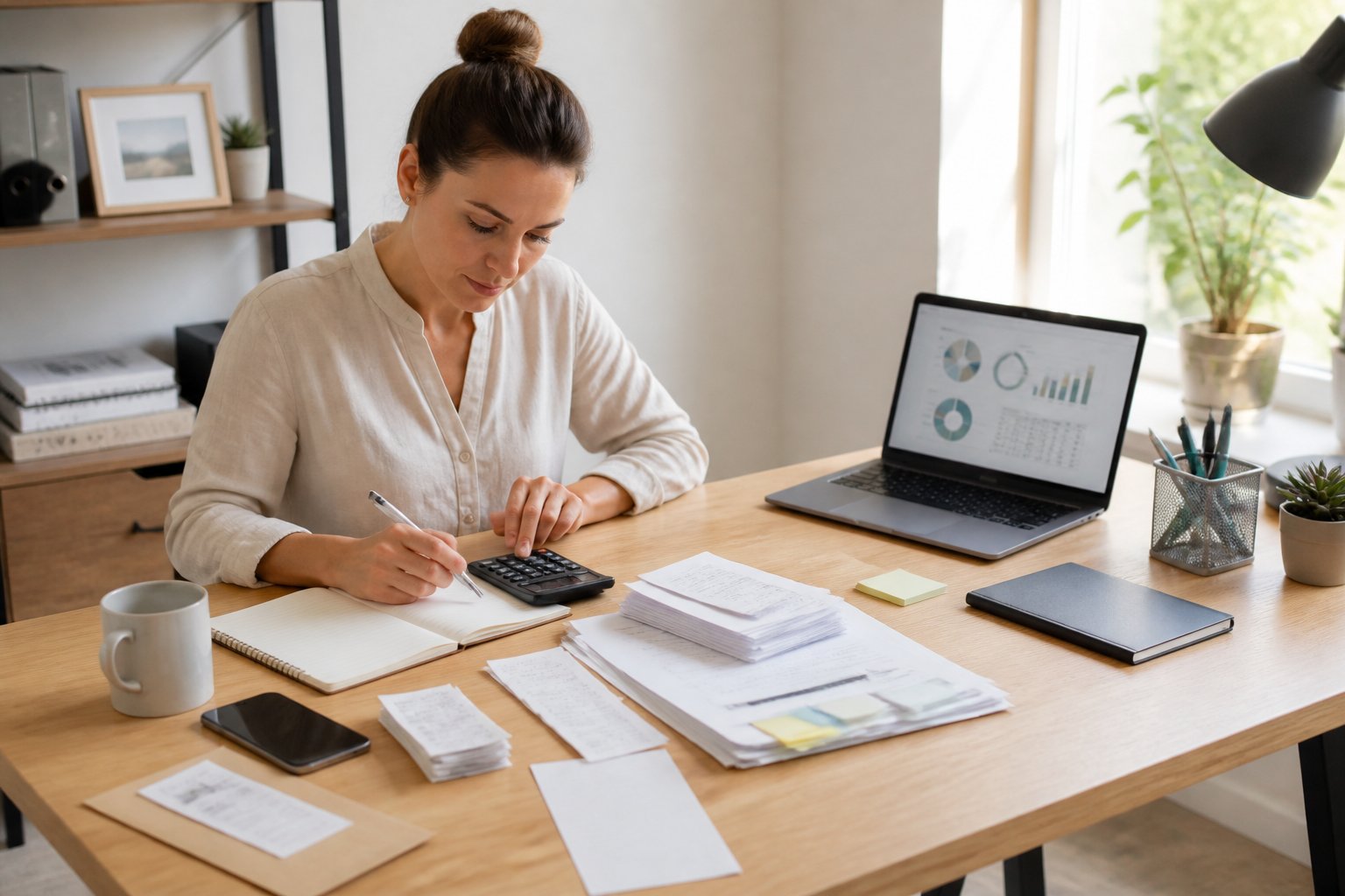 A freelancer reviews household and business expenses at a home-office desk with a calculator, laptop, notebook, and organized bills.