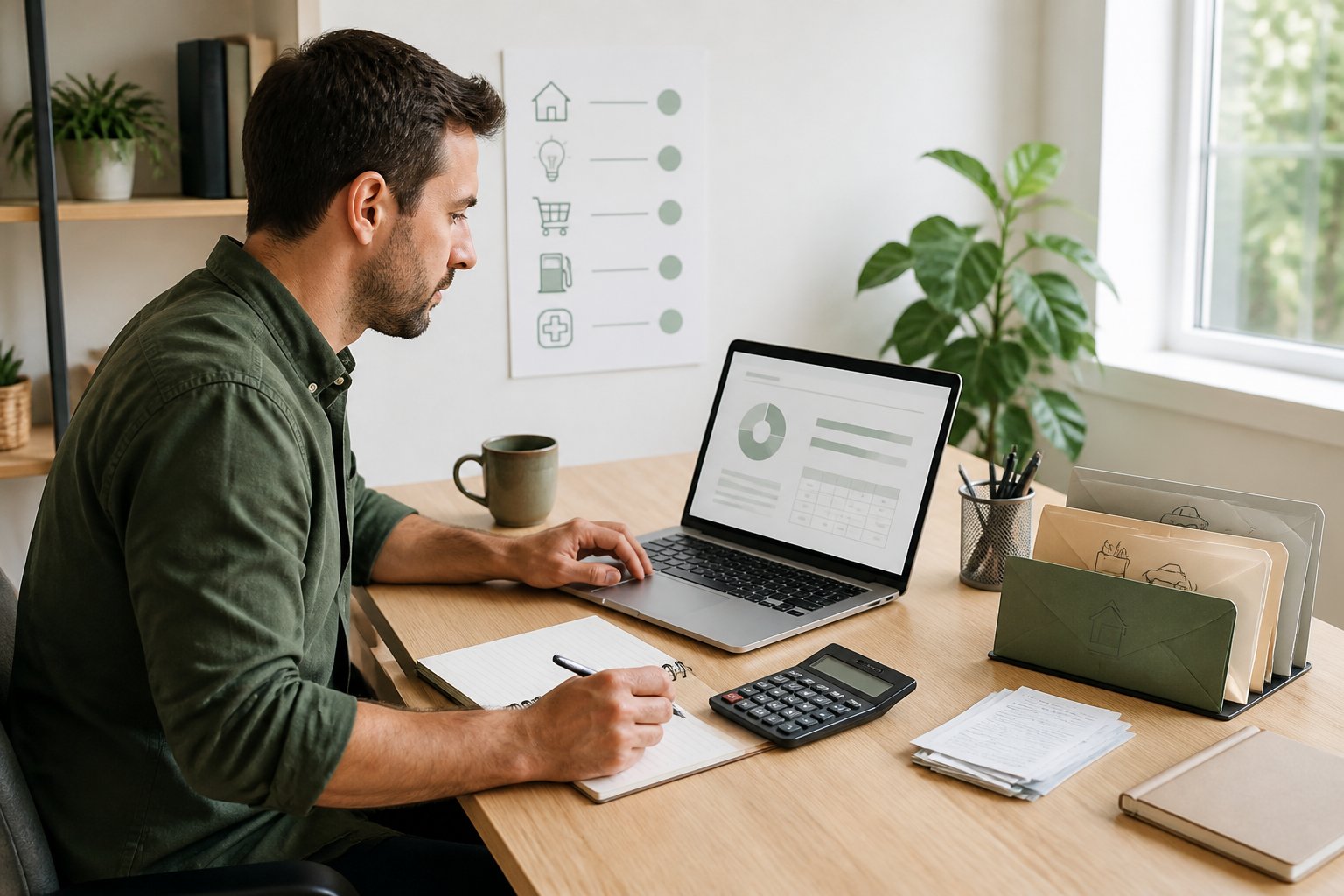 A freelancer reviews a simple budget at a tidy home-office desk with a laptop, notepad, calculator, and bills.