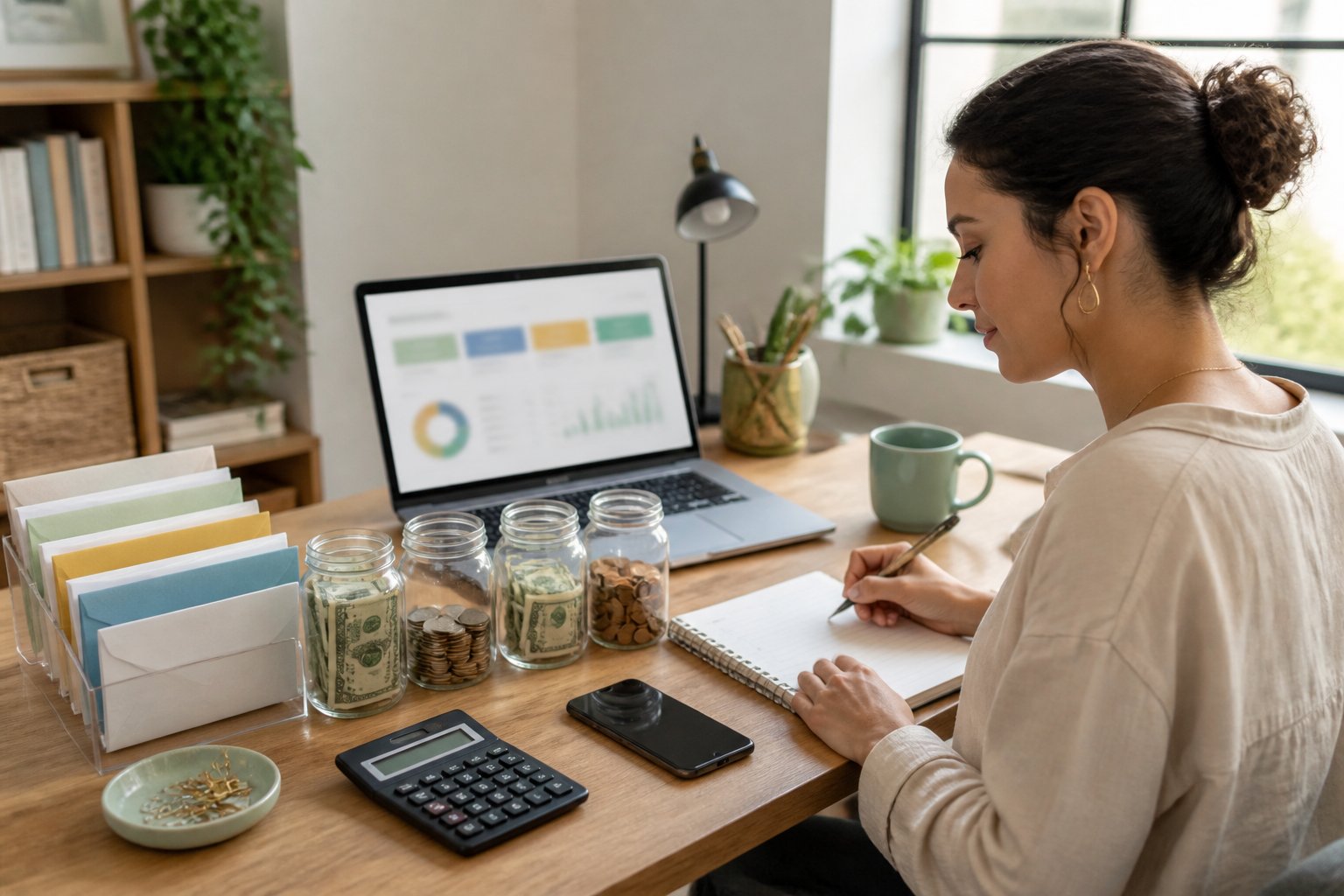 A freelancer organizes separate income categories at a home office desk with a laptop, calculator, folders, and savings containers.