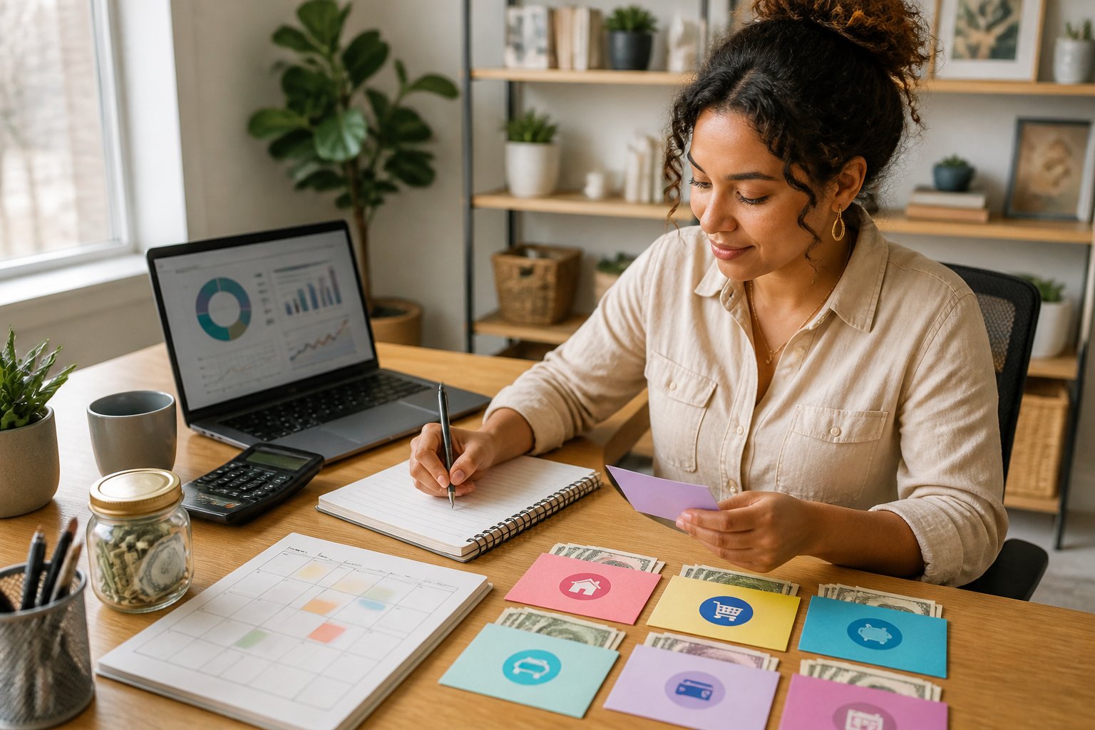A freelancer organizes variable income and expenses at a home office desk.