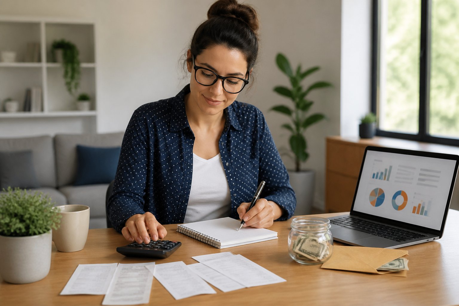 A freelancer organizes a budget at a home office desk while setting money aside for emergencies.