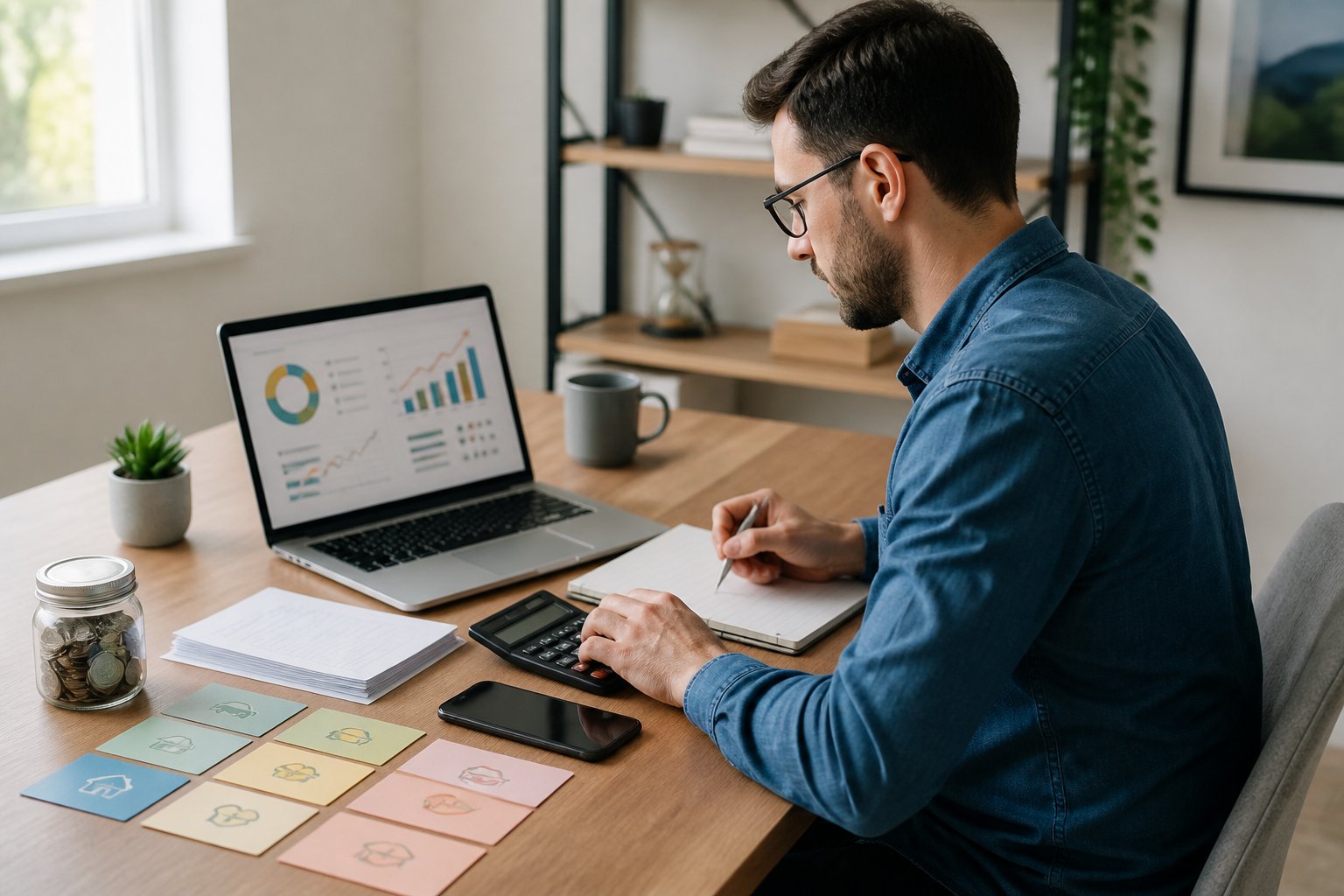 A freelancer reviews a laptop and organizes financial materials at a tidy home office desk.