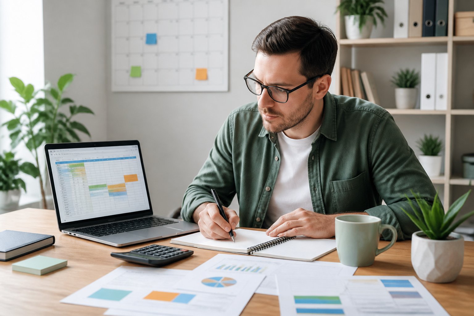 A freelancer reviews a laptop spreadsheet and adjusts a monthly budget at a home office desk.